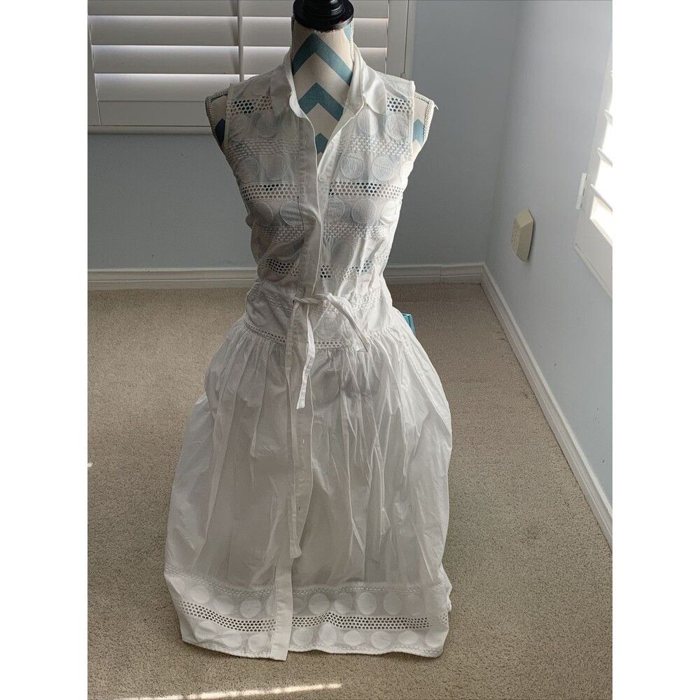 Eva Mendes White Buttoned  Mid Length Eyelet Crochet Dress Size XS